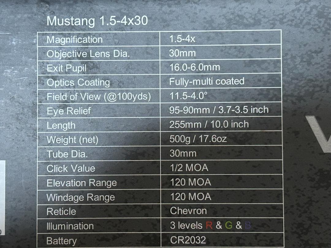 ベクターオプティクス Mustang 1.5-4x30 タクティカルスコープ