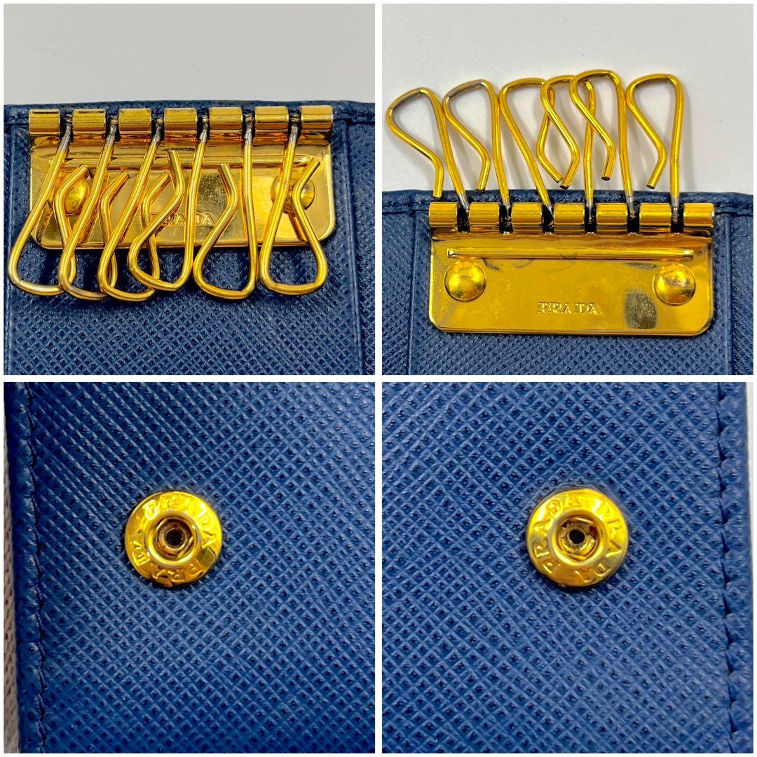 【美品 付属品完備】プラダ キーケース 三角ロゴ サフィアーノレザー 6連 青色