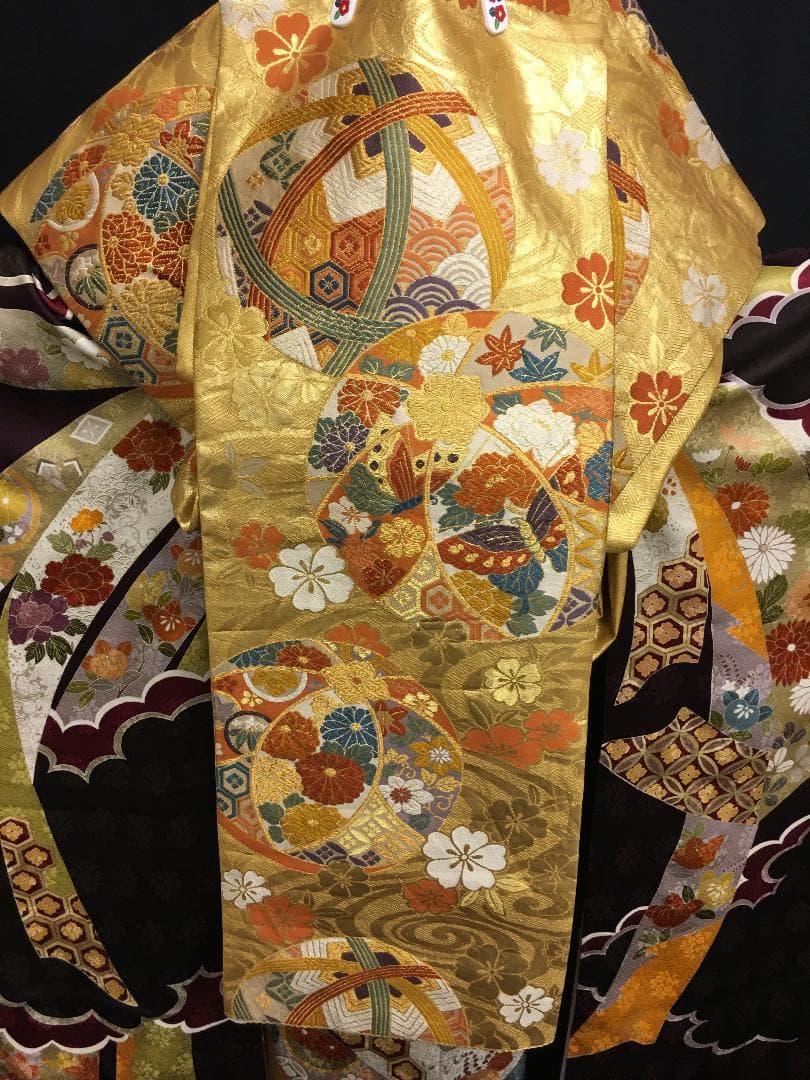 京友禅 深紫 熨斗柄雲取 振袖 毬柄佐賀錦袋帯フルセット