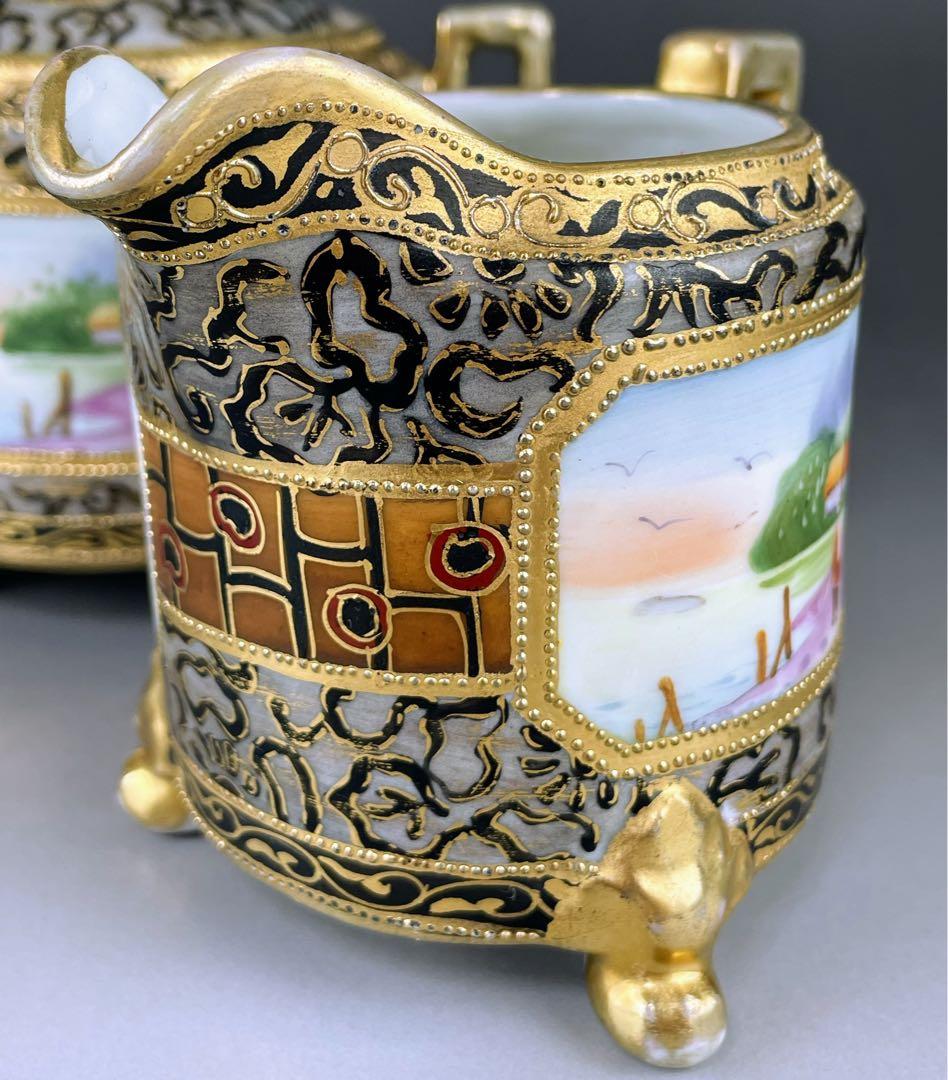 【希少】オールドノリタケ アールヌーボー様式 風景紋 シュガーボウル クリーマー