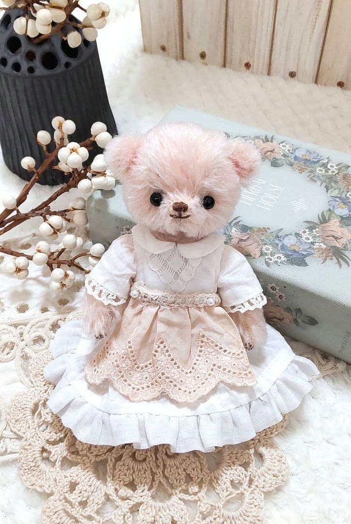 ハンドメイド テディベア ディストレスモヘア ローズ色 手作り
