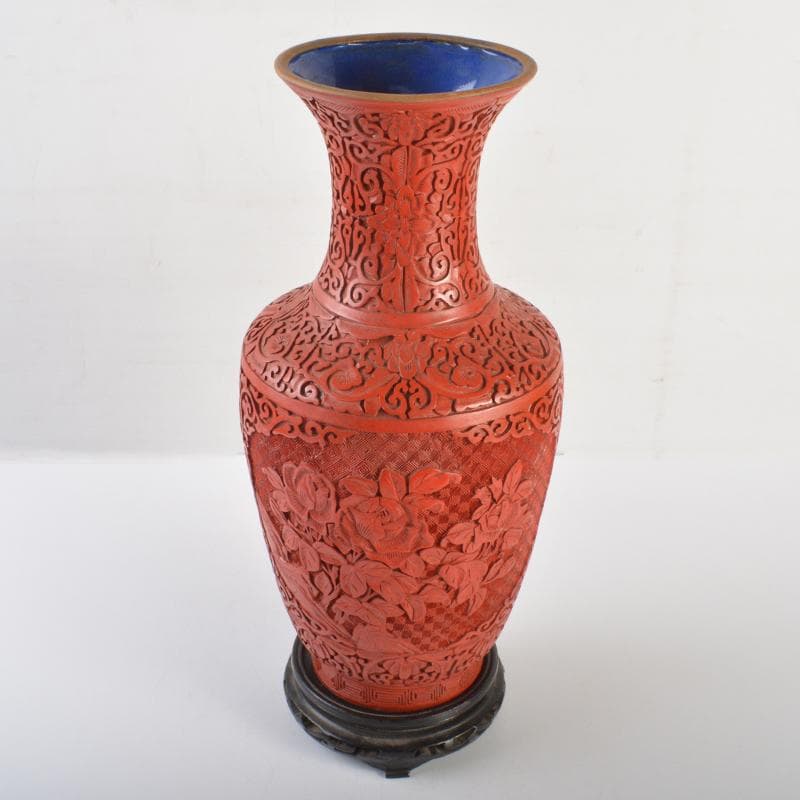 中国　剔紅　堆朱　内七宝　花文瓶　高さ約39㎝　唐木台付　Y　R7494B