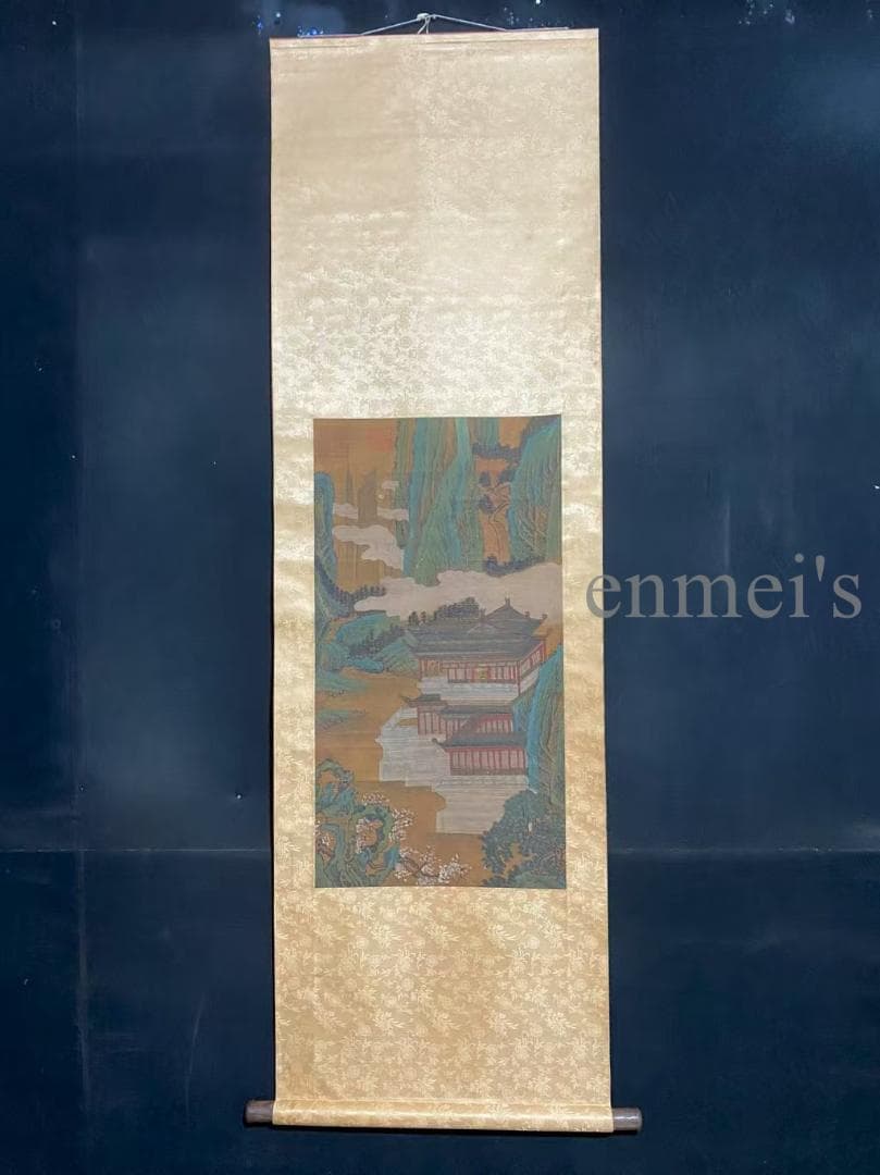 中国古美術 宋代 王希孟款 山水図 掛軸 絹本 肉筆 唐物 古画 書道 名家