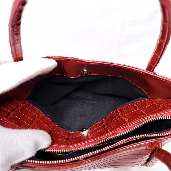 【美品】 BAGFAN クロコ レザー 本革 フラワーモチーフ ハンドバッグ