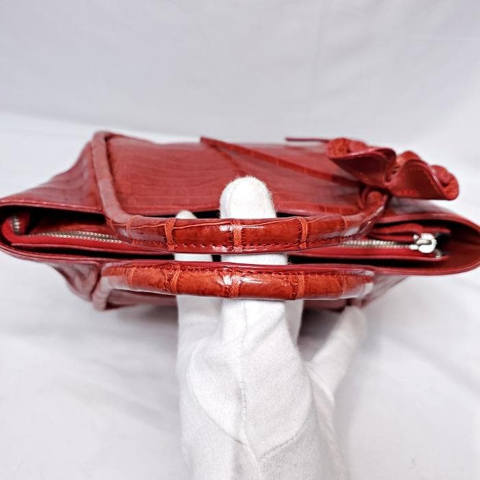 【美品】 BAGFAN クロコ レザー 本革 フラワーモチーフ ハンドバッグ