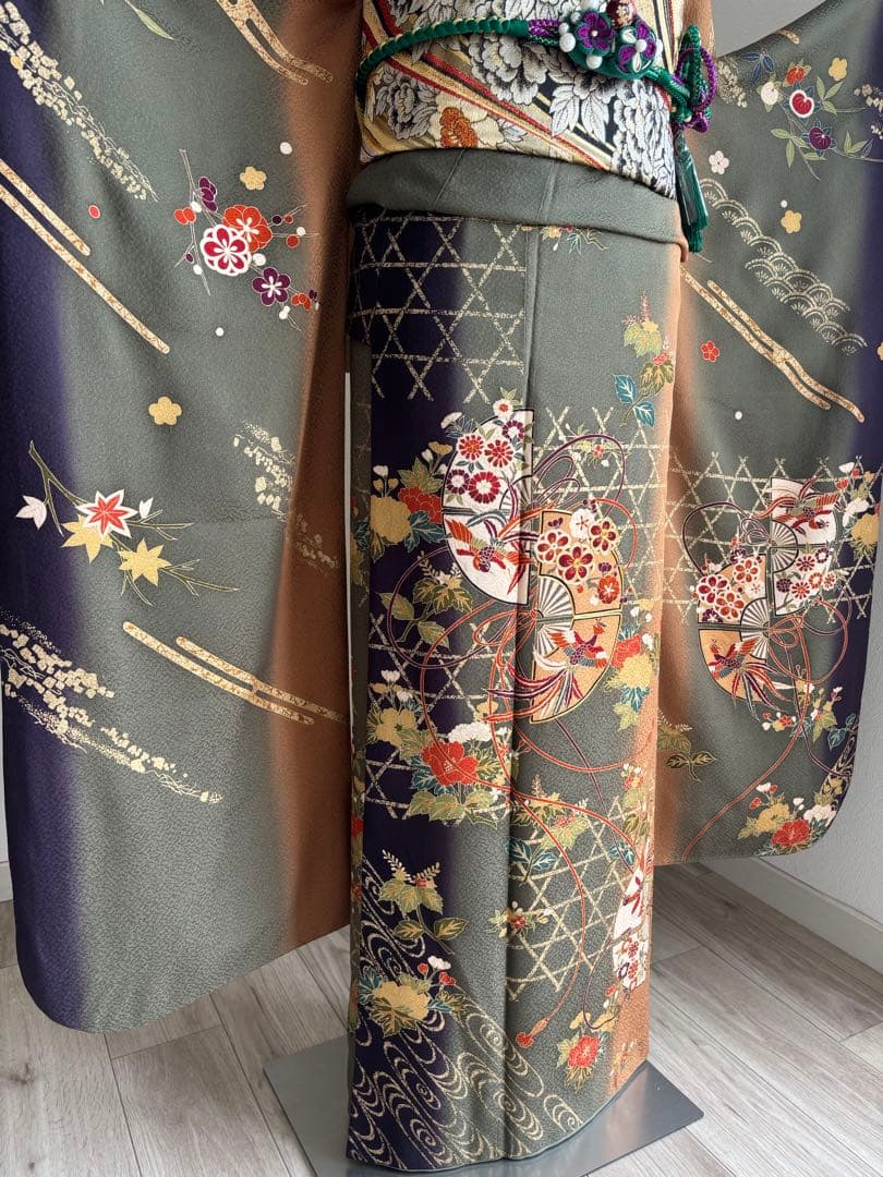 ⭐️振袖フルセット（７点）　正絹振袖　成人式　モスグリーン系