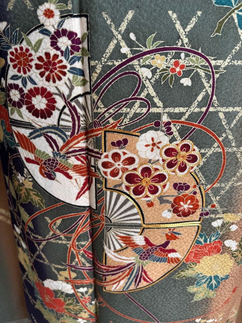 ⭐️振袖フルセット（７点）　正絹振袖　成人式　モスグリーン系