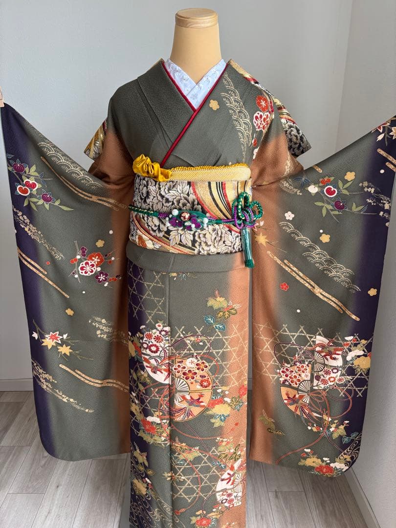 ⭐️振袖フルセット（７点）　正絹振袖　成人式　モスグリーン系