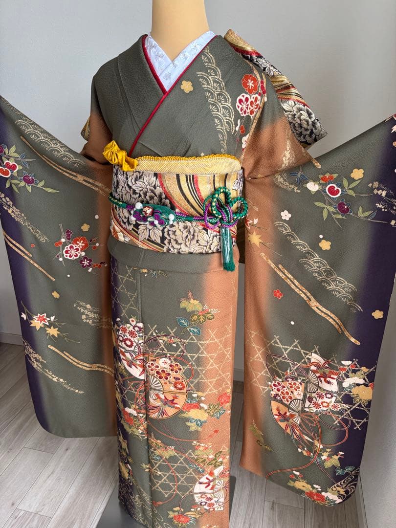⭐️振袖フルセット（７点）　正絹振袖　成人式　モスグリーン系
