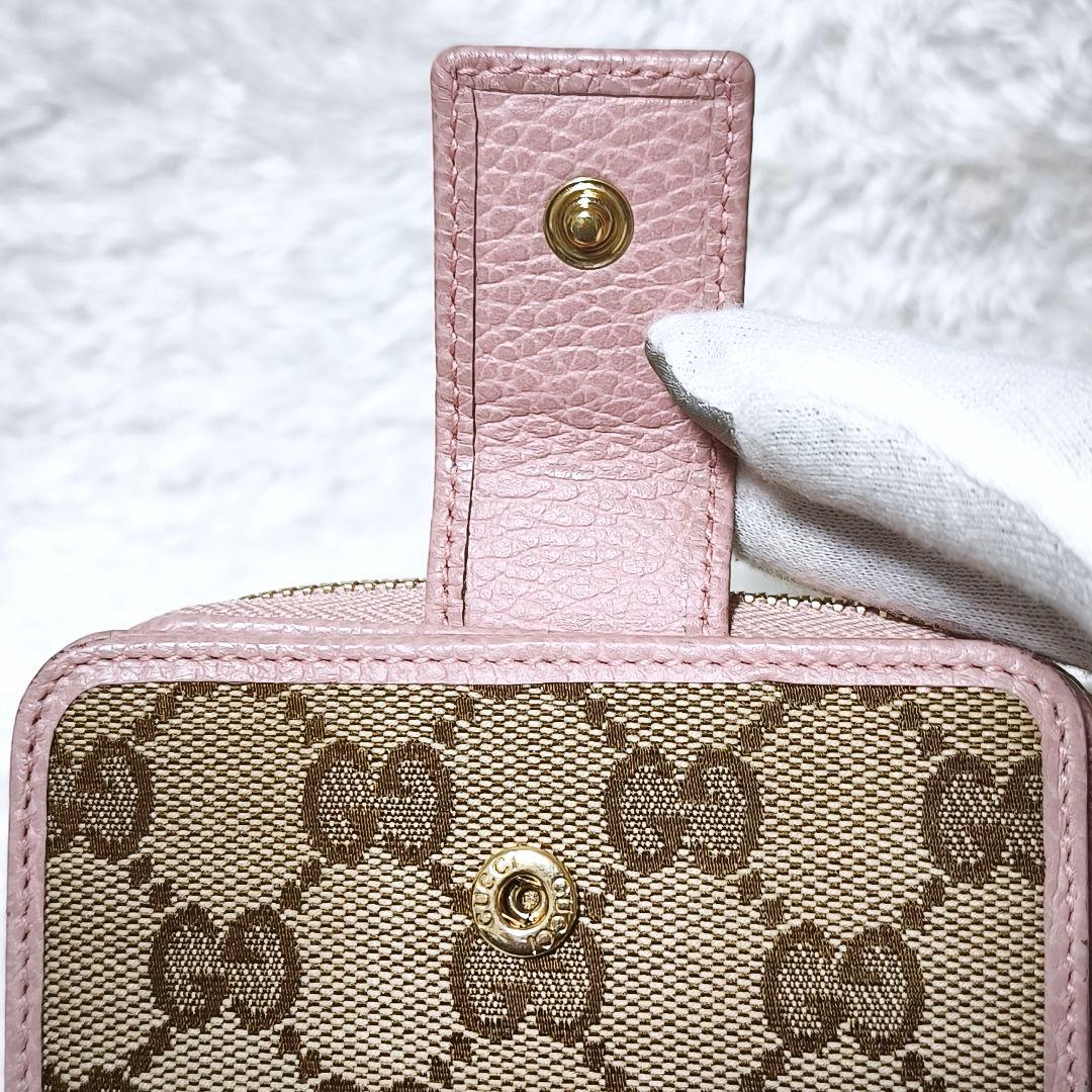 極美品✨ GUCCI GGキャンバス 二つ折り財布 ラウンドジップ ピンク