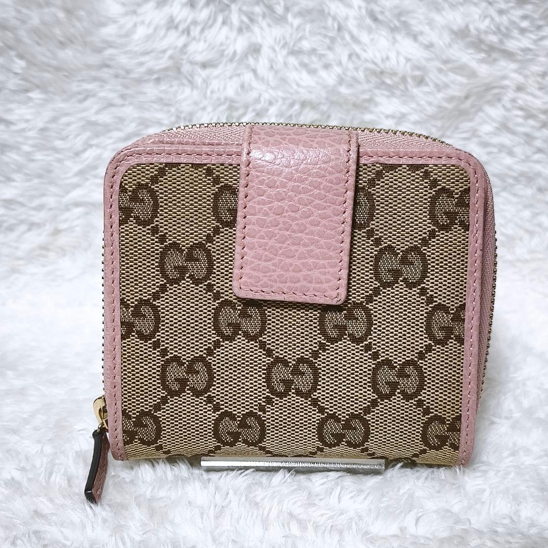 極美品✨ GUCCI GGキャンバス 二つ折り財布 ラウンドジップ ピンク