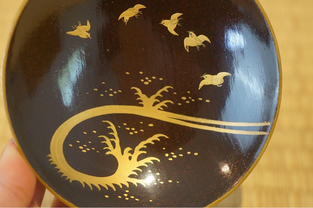 江戸後期 京蒔絵 猟師図蒔絵 波千鳥文 黒漆 吸物椀 2客/ 木製漆器 茶懐石