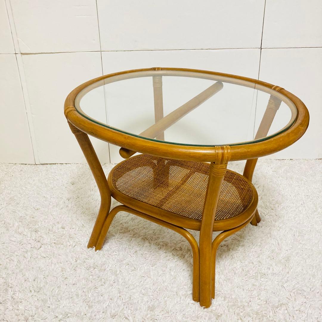 ヴィンテージ　ラタン　ガラス　天然素材　ローテーブル　ガラステーブル
