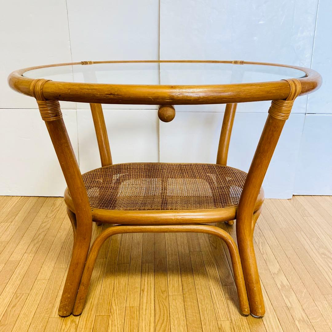 ヴィンテージ　ラタン　ガラス　天然素材　ローテーブル　ガラステーブル
