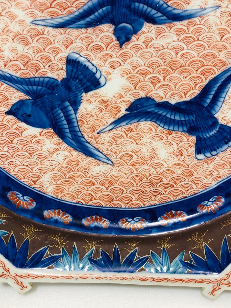 明治初期 香蘭社 色絵褐地青海波鳥竹文 ブラックホーソン六角大皿