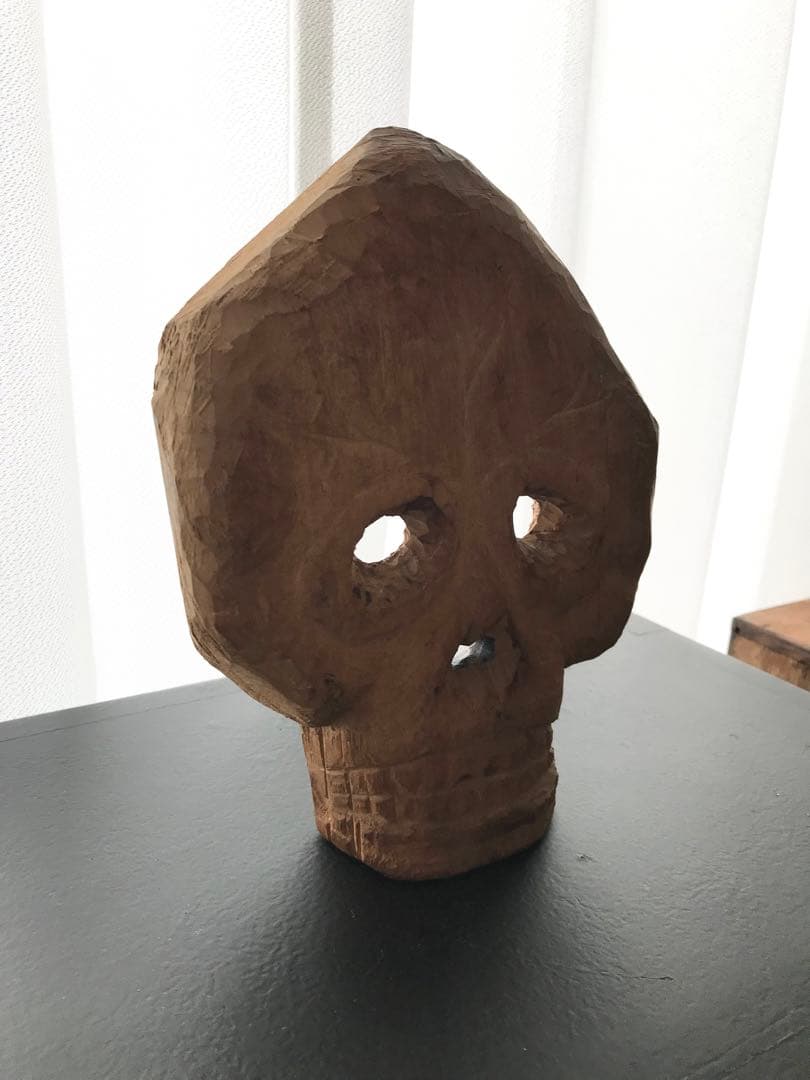 希少 骨董 在銘 髑髏 ドクロ 木彫り 一刀彫り 置物 オブジェ 昭和 時代