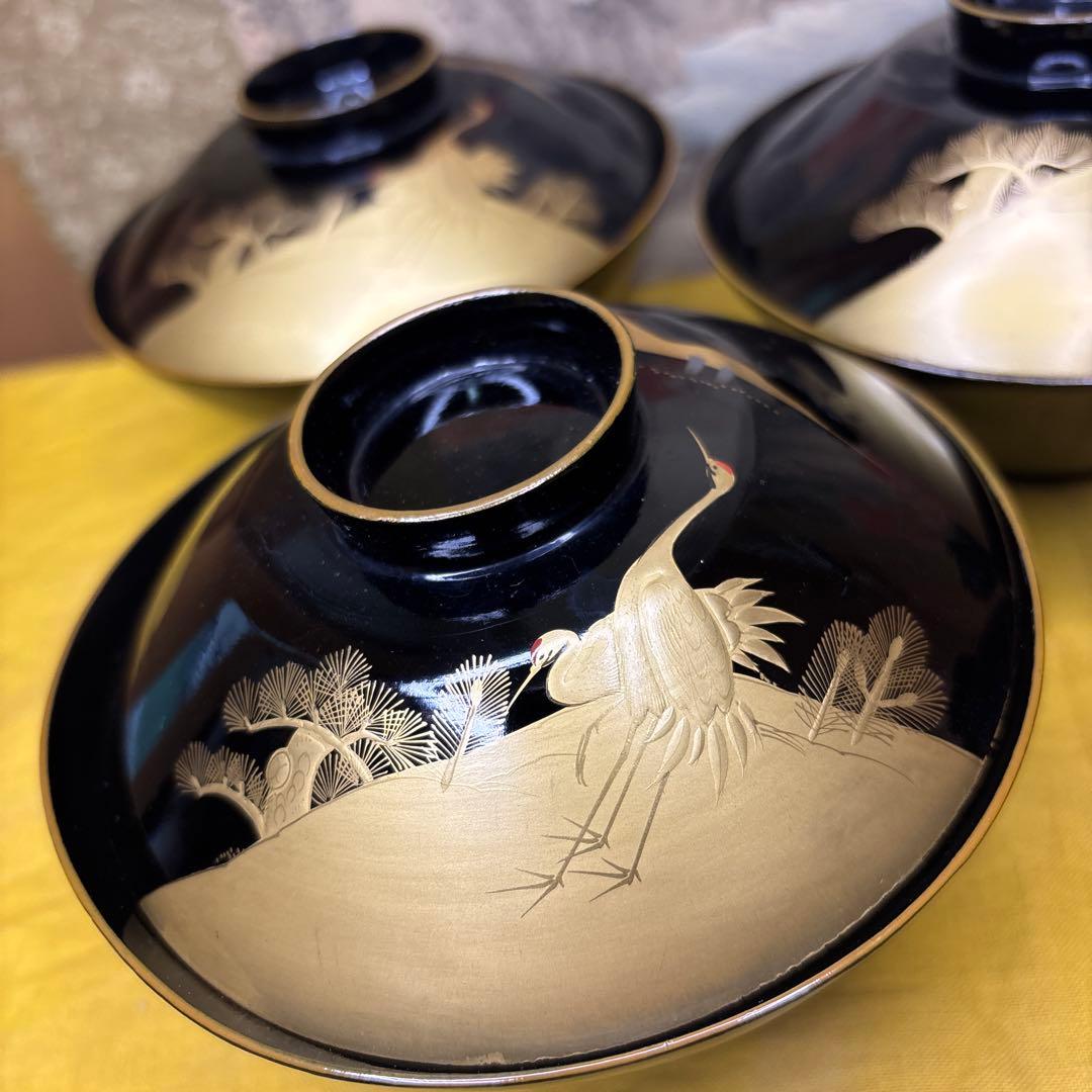 木製漆器椀　金色鶴　金蒔絵　内絵　魚　5客　時代箱　明治時代