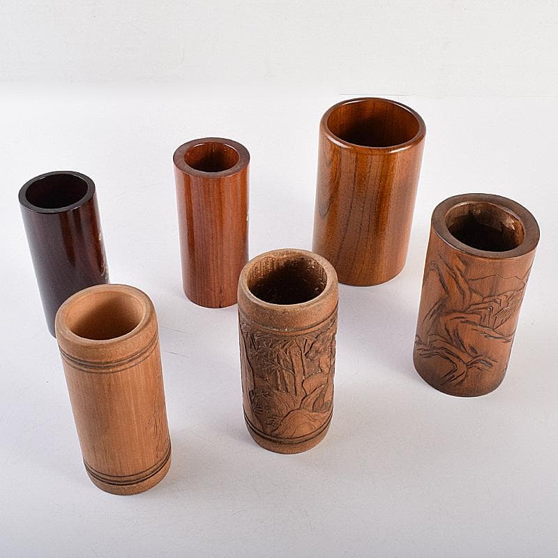 中国　古竹彫刻　山水人物文　螺鈿花文など　筆筒　六点まとめて　M　R7642