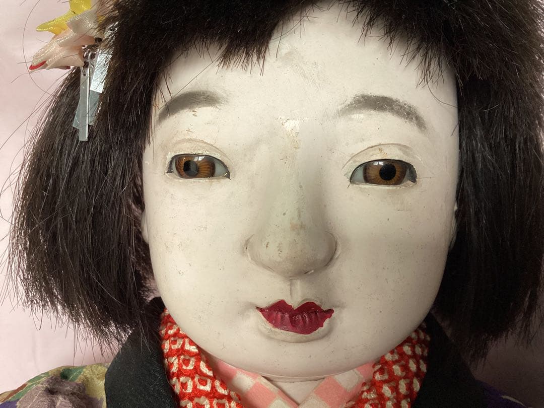 市松人形 ビスクドール昭和レトロ　吹子付き　座布団付　ガラス眼　人毛　抱き人形