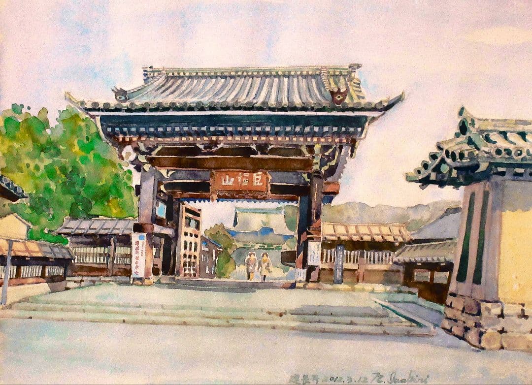 日本の伝統的な門 水彩画 額装済み 原画