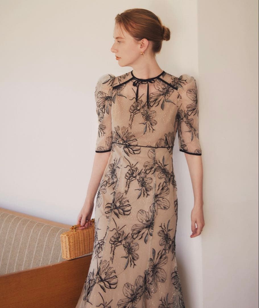 値下げ可 花柄リボンパフスリーブマーメイドワンピースドレス結婚式二次会成人式