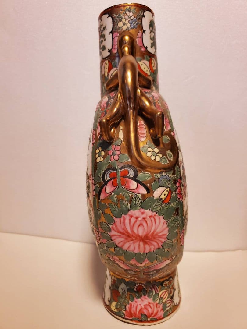 中国古玩　大清乾隆年製　扁壺　粉彩花鳥図双龍耳　花瓶