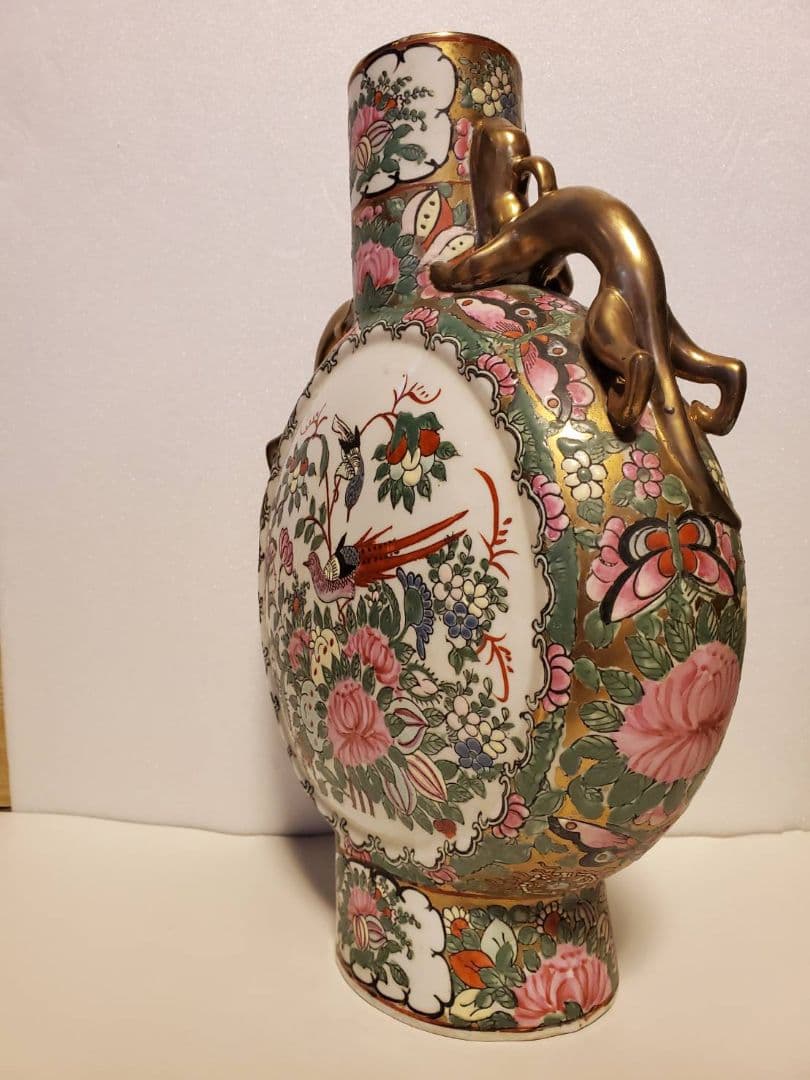 中国古玩　大清乾隆年製　扁壺　粉彩花鳥図双龍耳　花瓶