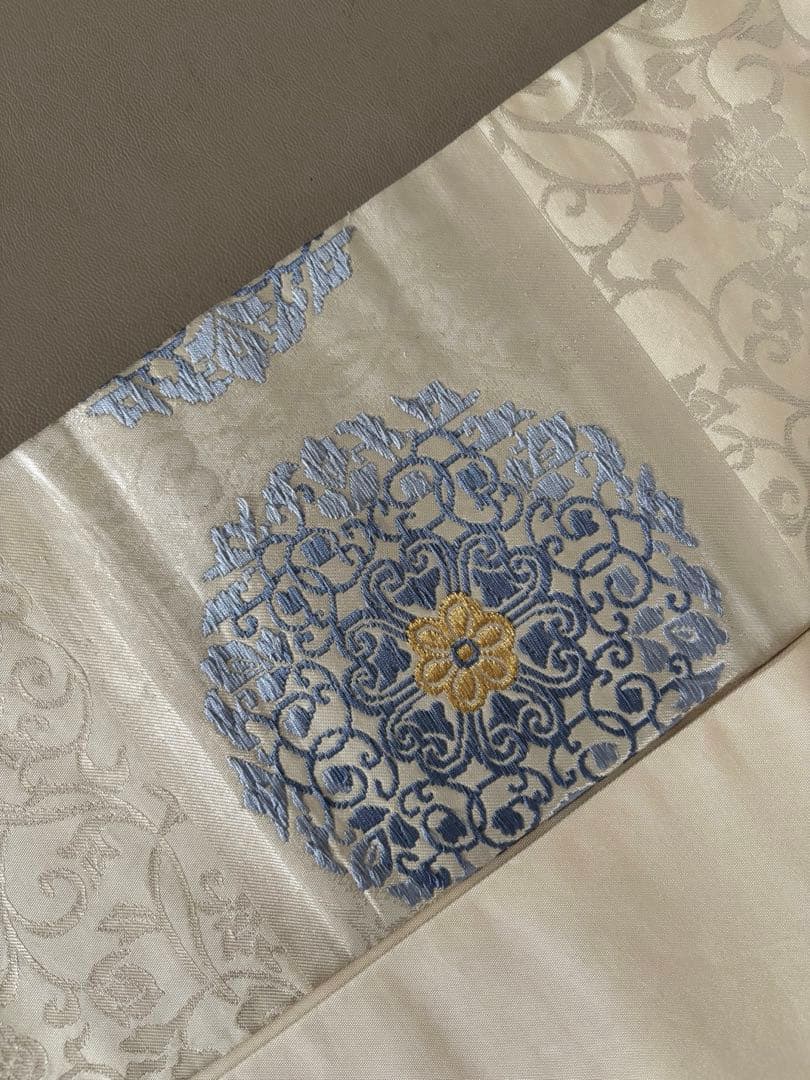 〈お楽しみ価格〉アイボリー ブルー華文 花唐草紋意匠 正絹 九寸名古屋帯 美品