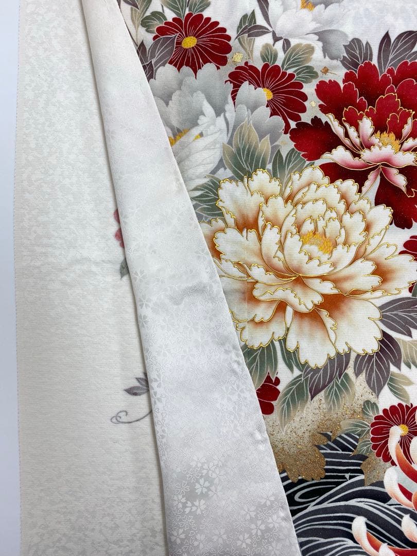 振袖 仮絵羽 舞台衣装 金彩 銀通し 牡丹 鶴 正絹 未仕立て品 八掛付き