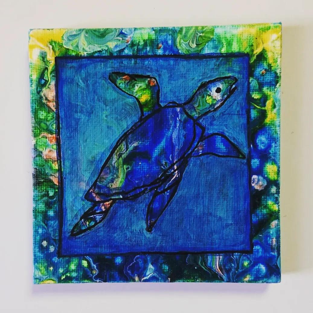 原画 カメ 亀 かめ フルイドアート パネル ポーリングアート 一点もの 希少