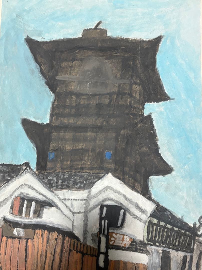 時の鐘　水彩画 建物 青空