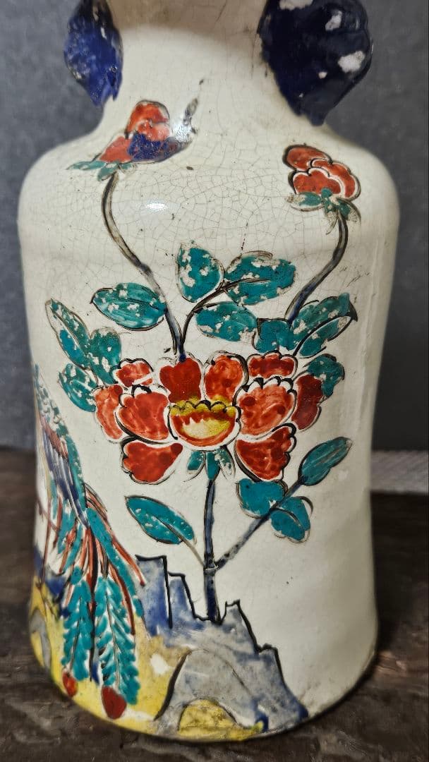 中国古美術　中国古陶磁器　清代　清朝期 色絵　古赤絵　鳥に花の図　広口瓶　花入れ