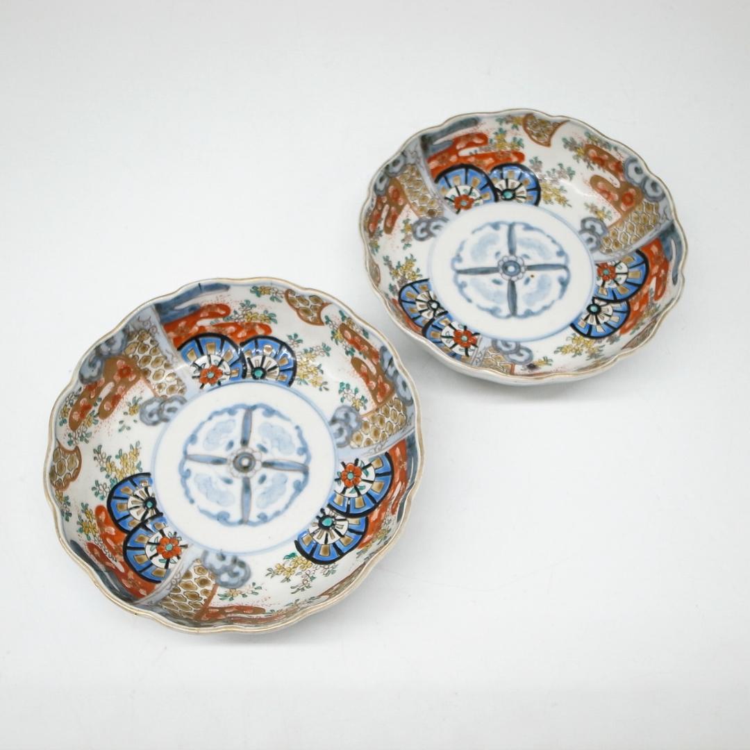 古伊万里　錦手　花に水車文様　なます皿　2枚