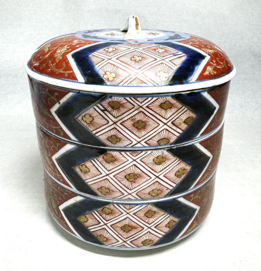 江戸後期 古伊万里 染錦 三段重 箱付 ウブ品 伝世品 入手困難 WWTT232