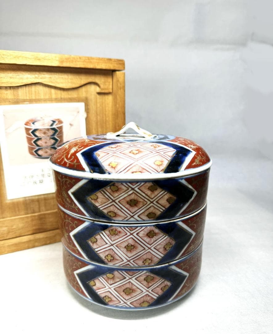 江戸後期 古伊万里 染錦 三段重 箱付 ウブ品 伝世品 入手困難 WWTT232