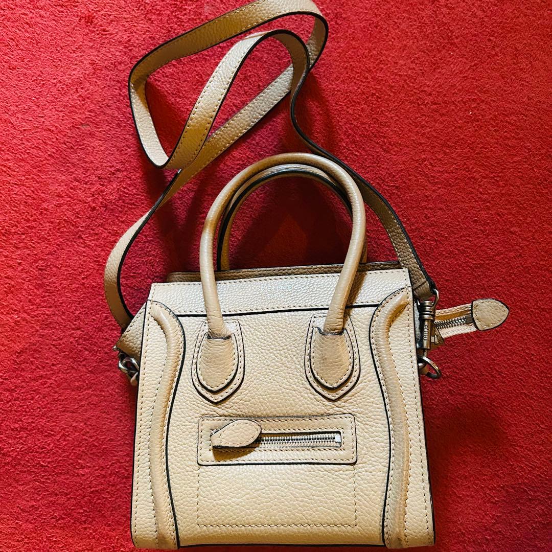 グレー レザー ハンドバッグ ショルダー付 ラゲージナノ ショッパー ベージュ