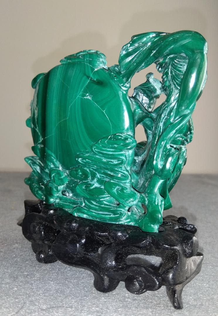 クジャク石【マラカイト】吉祥天女像台座 極細工 逸品 置物