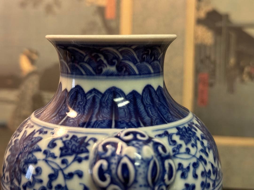 染付雙耳小壺 大清乾隆年製 清花瓶 箱付 中國古美術 高 15cm