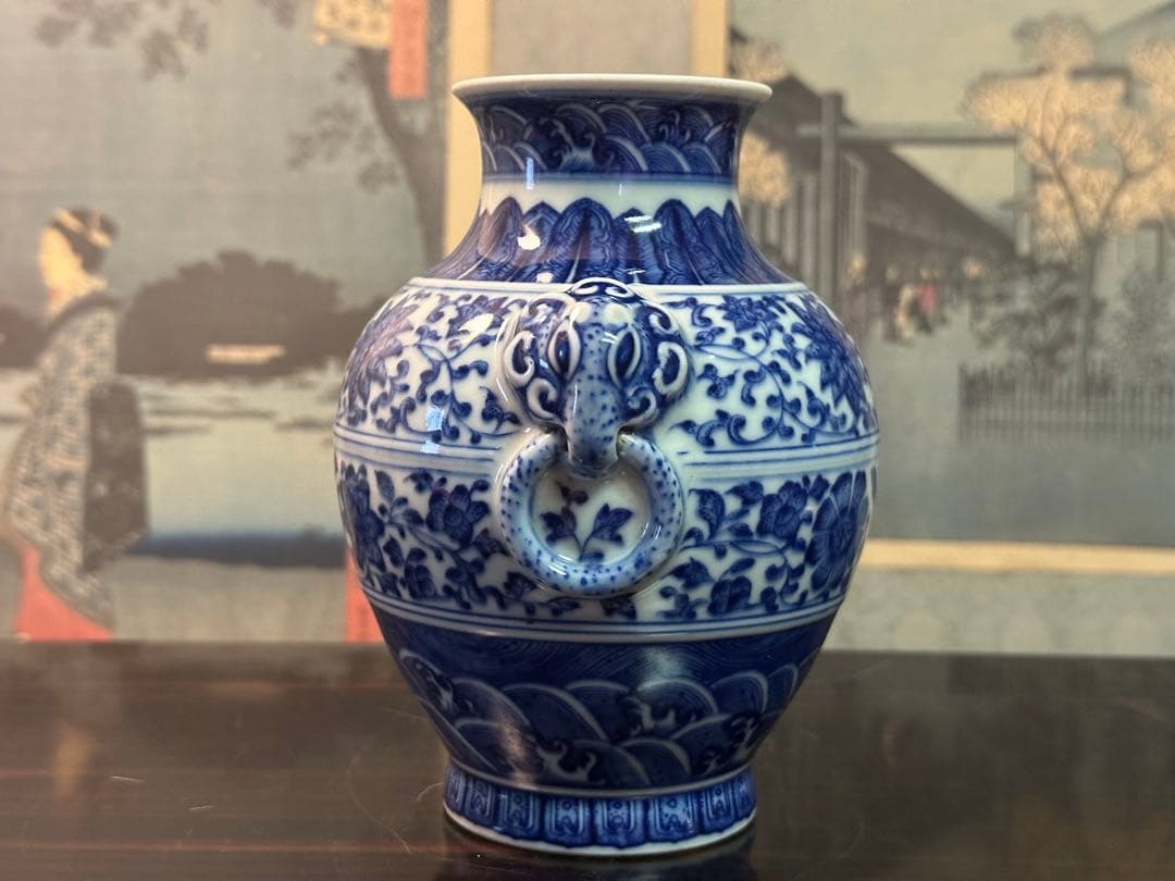 染付雙耳小壺 大清乾隆年製 清花瓶 箱付 中國古美術 高 15cm