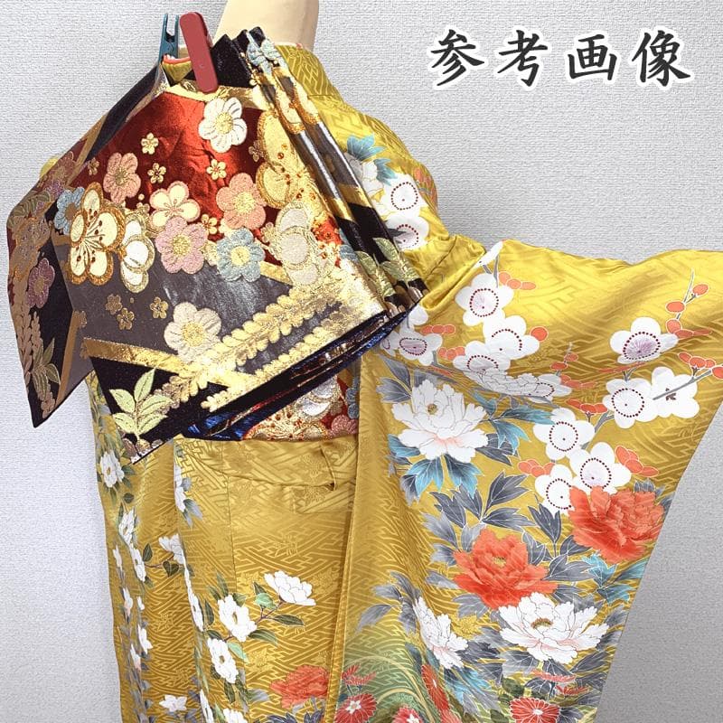 411z3〇高身長な方にも 振袖 地紋 金彩 刺繍 黄色〇美品 成人式 結婚式
