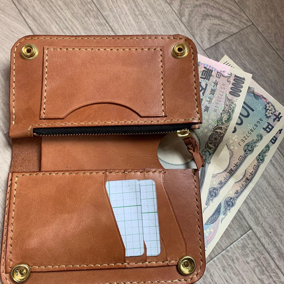 【茶芯】ブラック×ブラウン　トラッカーウォレットミドル　真鍮　お札を折らずに収納