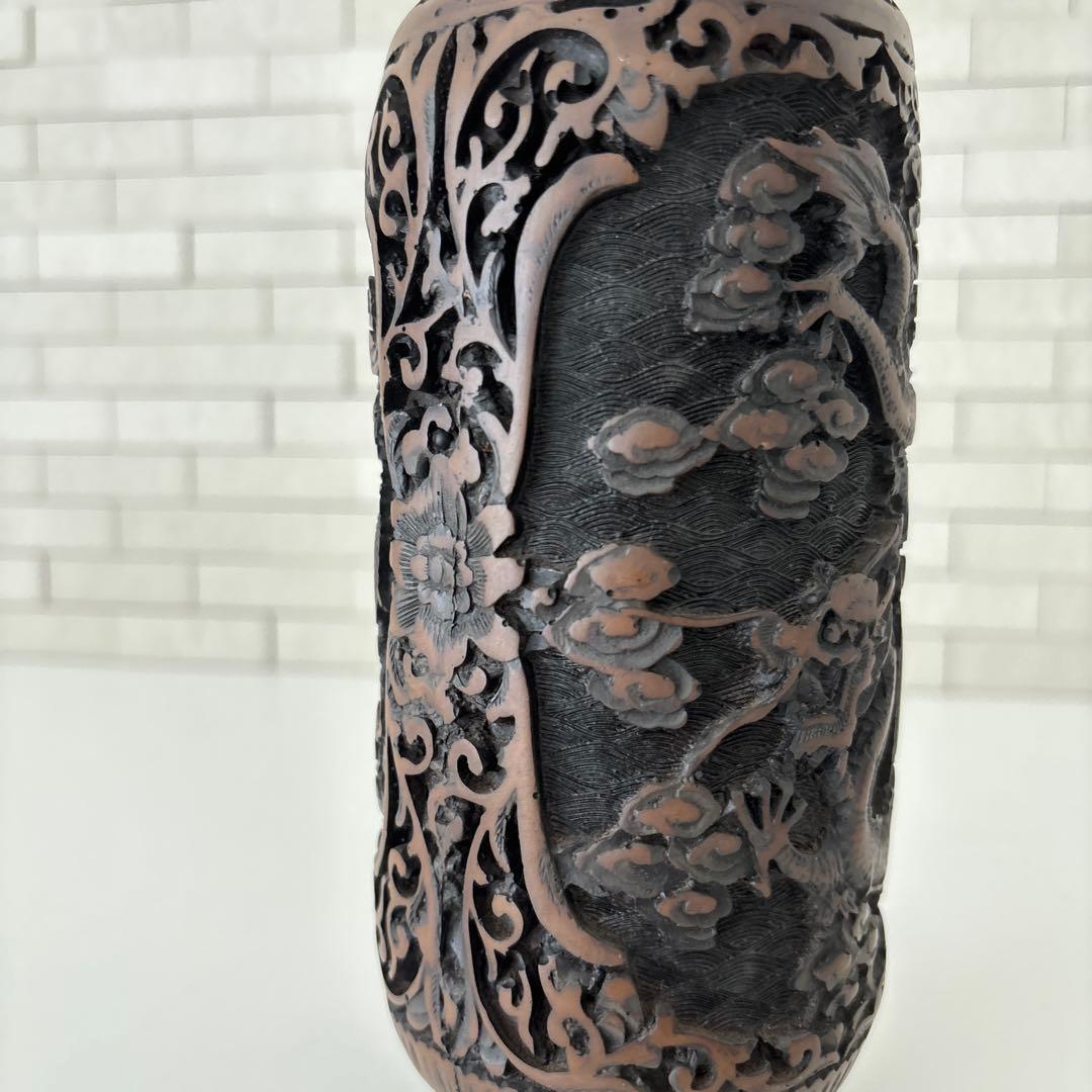 龍　花瓶　黒色花瓶　ドラゴン彫刻　一輪挿し　アンティーク　縁起物骨董品