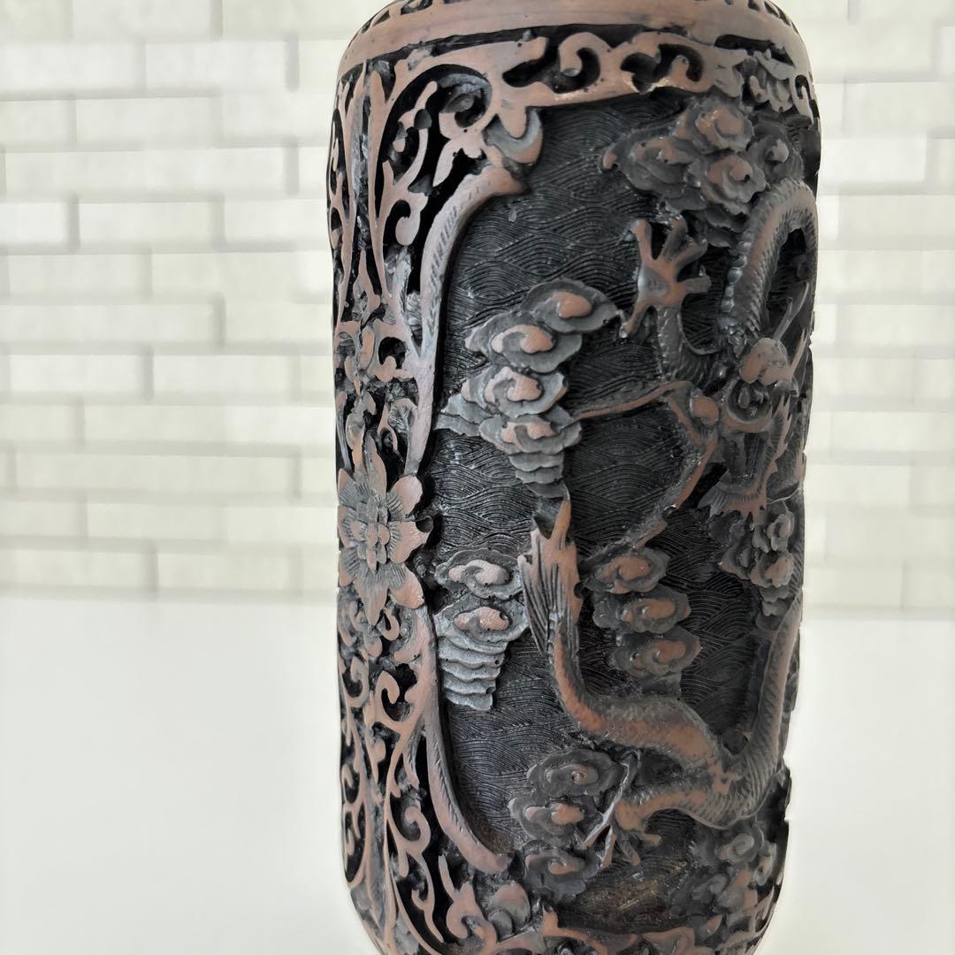 龍　花瓶　黒色花瓶　ドラゴン彫刻　一輪挿し　アンティーク　縁起物骨董品