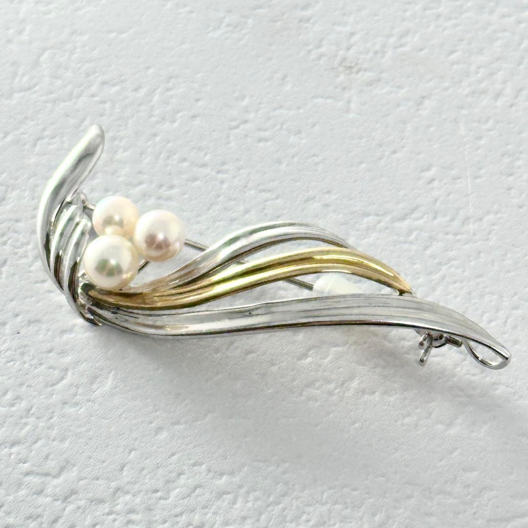 TASAKI　タサキ　3珠　パール付　コンビ　ブローチ　シルバー　K18