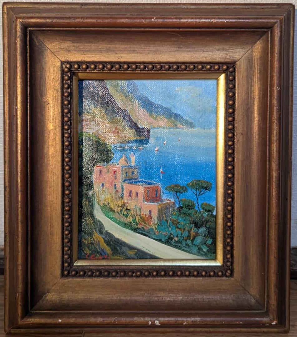 【真作】絵画　油彩0号　地中海の風景画　青い海の見える街　W149