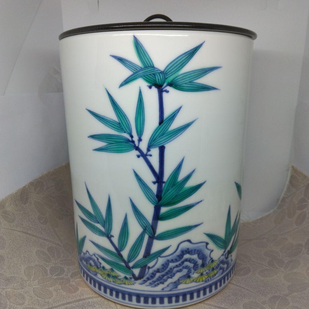 御室窯 色絵 岩竹 水指 一重口 塗蓋 共箱 茶道具