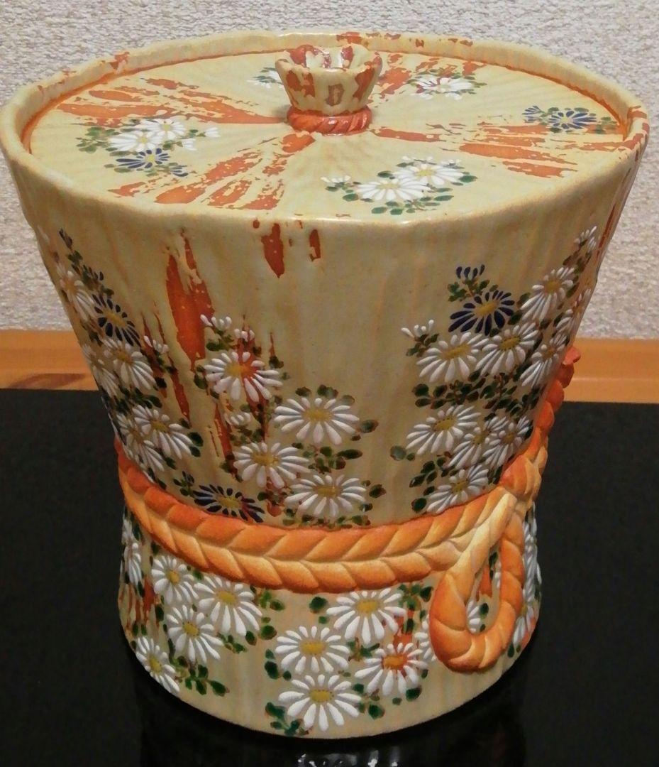 中村秋峰作　灰釉　菊絵　水指　共箱　共布　茶道具