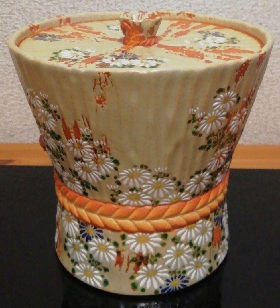 中村秋峰作　灰釉　菊絵　水指　共箱　共布　茶道具