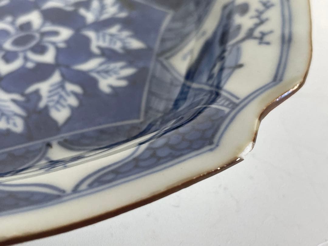 中国骨董　アンティーク　祥瑞　花文　輪花皿　六角隅入　五寸皿　小皿　角福　古染付