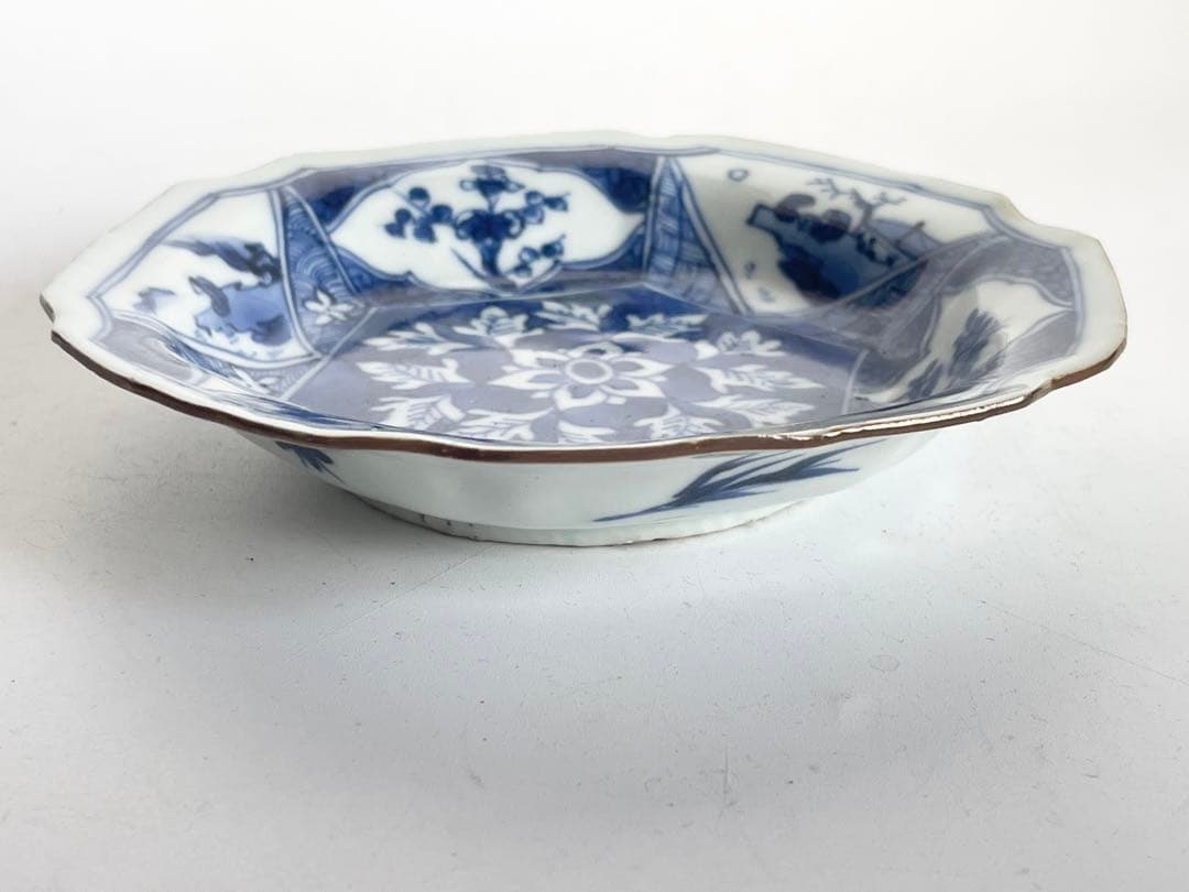 中国骨董　アンティーク　祥瑞　花文　輪花皿　六角隅入　五寸皿　小皿　角福　古染付